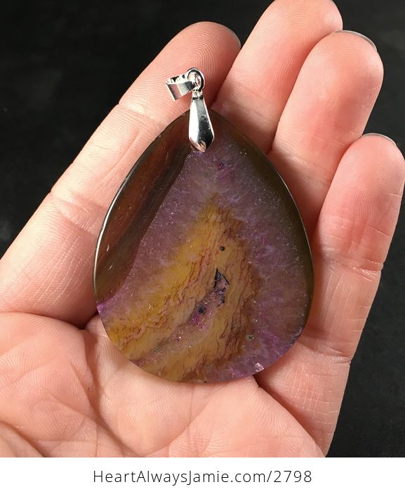 Brown Yellow and Purple Druzy Agate Stone Pendant Necklace - #6NfjcUUHfEI-2