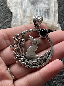 Bunny Rabbit with a Faceted Black Onyx Moon Crystal Stone Jewelry Pendant #2dnre0OmF2o