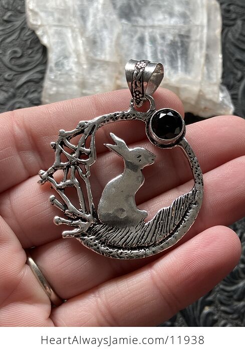 Bunny Rabbit with a Faceted Black Onyx Moon Crystal Stone Jewelry Pendant - #2dnre0OmF2o-1