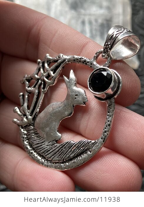 Bunny Rabbit with a Faceted Black Onyx Moon Crystal Stone Jewelry Pendant - #2dnre0OmF2o-3