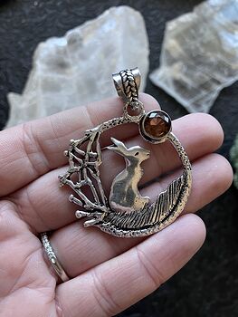 Bunny Rabbit with a Faceted Dark Orange or Brown Moon or Sun Crystal Stone Jewelry Pendant #QjXanLUXZoA