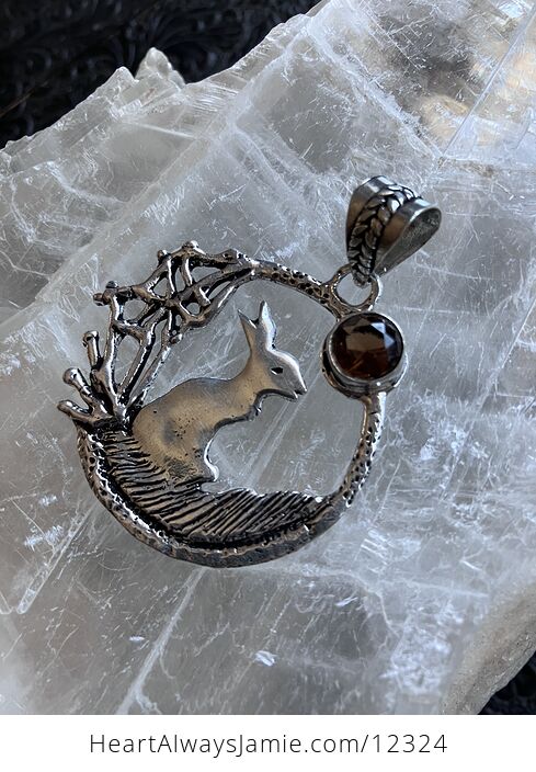 Bunny Rabbit with a Faceted Dark Orange or Brown Moon or Sun Crystal Stone Jewelry Pendant - #QjXanLUXZoA-6