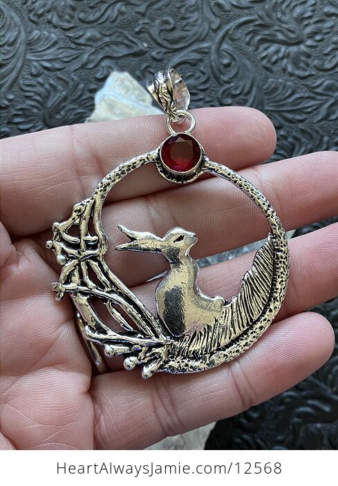 Bunny Rabbit with a Faceted Red Garnet Moon or Sun Crystal Stone Jewelry Pendant - #0Iy1ppWVSwE-1