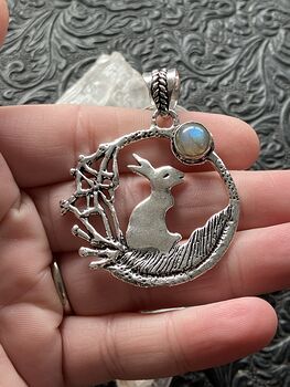 Bunny Rabbit with a Labradorite Moon Crystal Stone Jewelry Pendant #HXKuDanO23Y