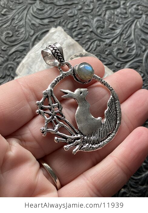Bunny Rabbit with a Labradorite Moon Crystal Stone Jewelry Pendant - #HXKuDanO23Y-2