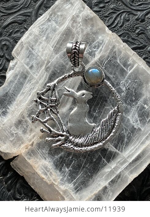 Bunny Rabbit with a Labradorite Moon Crystal Stone Jewelry Pendant - #HXKuDanO23Y-6