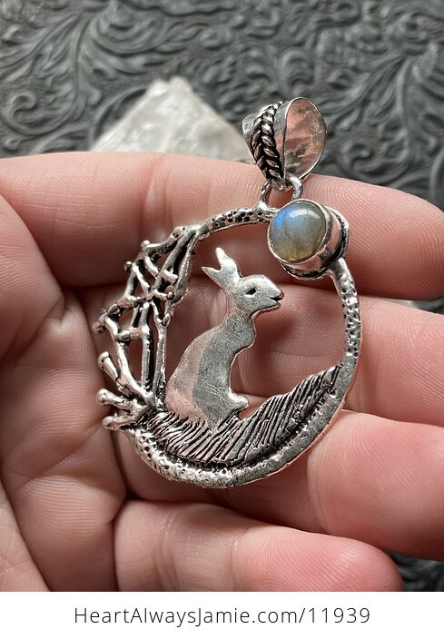 Bunny Rabbit with a Labradorite Moon Crystal Stone Jewelry Pendant - #HXKuDanO23Y-3