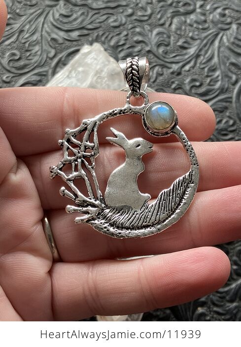 Bunny Rabbit with a Labradorite Moon Crystal Stone Jewelry Pendant - #HXKuDanO23Y-1