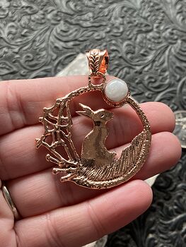 Bunny Rabbit with a Rainbow Moonstone Moon Crystal Stone Jewelry Pendant #2ZbuYvSiIpE