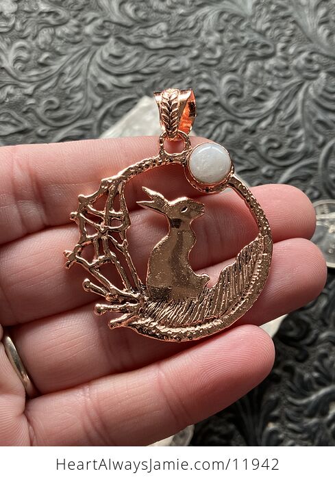 Bunny Rabbit with a Rainbow Moonstone Moon Crystal Stone Jewelry Pendant - #2ZbuYvSiIpE-1
