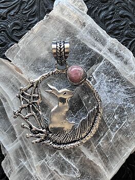 Bunny Rabbit with a Rhodochrosite Moon or Sun Crystal Stone Jewelry Pendant #mDvExStPfwM