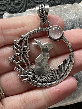 Bunny Rabbit with a Rose Quartz Moon Crystal Stone Jewelry Pendant #JnzKjk2Y94M