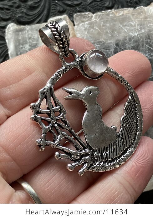Bunny Rabbit with a Rose Quartz Moon Crystal Stone Jewelry Pendant - #JnzKjk2Y94M-2