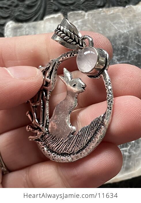 Bunny Rabbit with a Rose Quartz Moon Crystal Stone Jewelry Pendant - #JnzKjk2Y94M-3