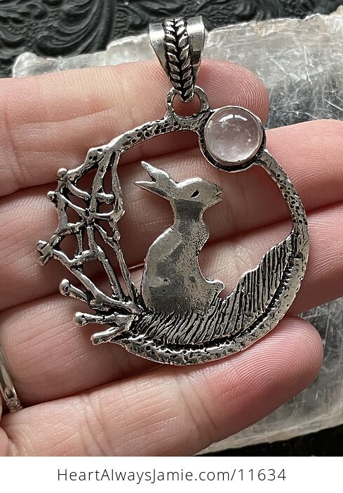 Bunny Rabbit with a Rose Quartz Moon Crystal Stone Jewelry Pendant - #JnzKjk2Y94M-1
