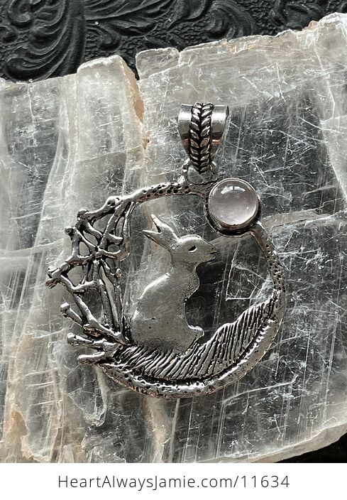 Bunny Rabbit with a Rose Quartz Moon Crystal Stone Jewelry Pendant - #JnzKjk2Y94M-6