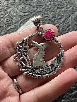 Bunny Rabbit with a Ruby Moon Crystal Stone Jewelry Pendant #O32sim2IjcM