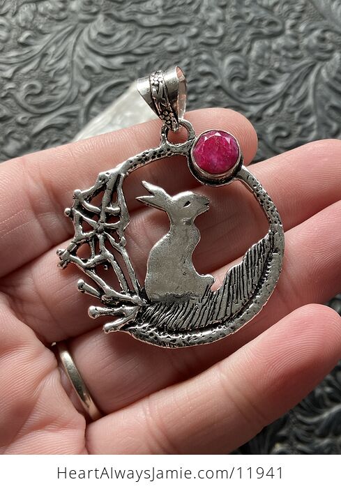 Bunny Rabbit with a Ruby Moon Crystal Stone Jewelry Pendant - #O32sim2IjcM-1
