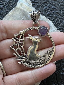 Bunny Rabbit with an Amethyst Moon or Sun Crystal Stone Jewelry Pendant #kmfXoSifjzQ