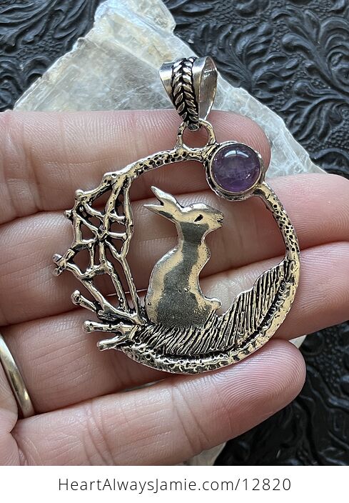 Bunny Rabbit with an Amethyst Moon or Sun Crystal Stone Jewelry Pendant - #kmfXoSifjzQ-1