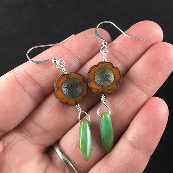 Burnt Orange Glass Hawaiian Flower and Green Picasso Dagger Earrings with Silver Wire #2FGsKg95F2o