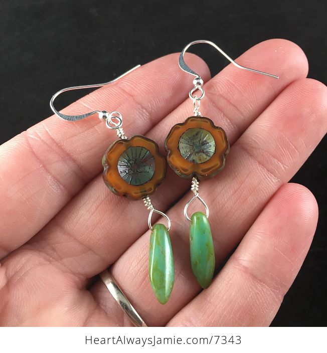 Burnt Orange Glass Hawaiian Flower and Green Picasso Dagger Earrings with Silver Wire - #2FGsKg95F2o-1