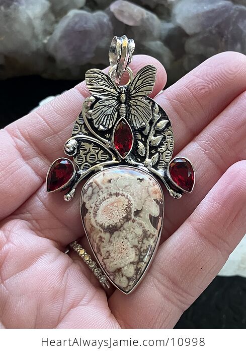 Butterfly Birds Eye Jasper Quartz Coral and Peridot Crystal Stone Jewelry Pendant - #5iaqEHEHWG0-2