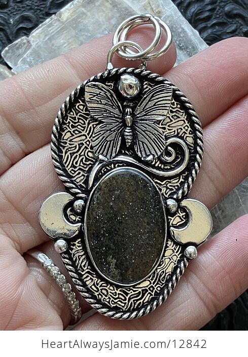 Butterfly Crescent Moon and Black Sunstone Crystal Jewelry Pendant - #b9NLjmqgXHQ-1