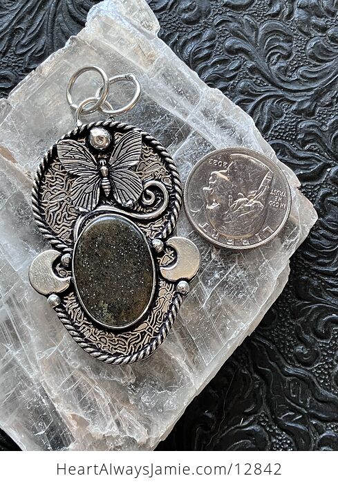 Butterfly Crescent Moon and Black Sunstone Crystal Jewelry Pendant - #b9NLjmqgXHQ-7