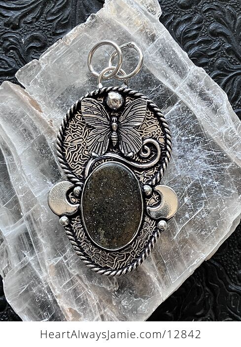 Butterfly Crescent Moon and Black Sunstone Crystal Jewelry Pendant - #b9NLjmqgXHQ-6