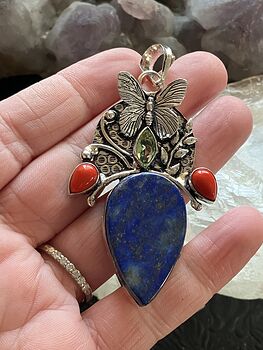 Butterfly Lapiz Lazuli Coral and Peridot Crystal Stone Jewelry Pendant #A5Usxwl3M4A