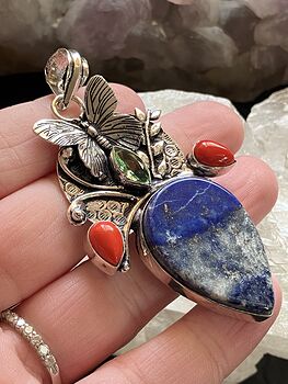 Butterfly Lapiz Lazuli Coral and Peridot Crystal Stone Jewelry Pendant #ENoSr6G25HI