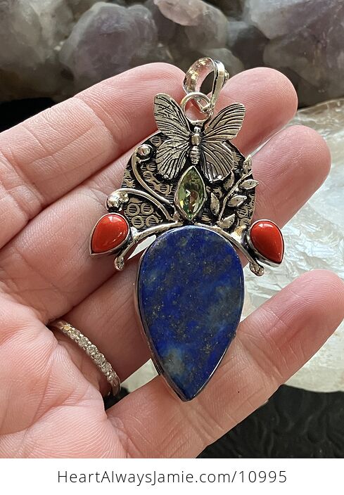 Butterfly Lapiz Lazuli Coral and Peridot Crystal Stone Jewelry Pendant - #A5Usxwl3M4A-1