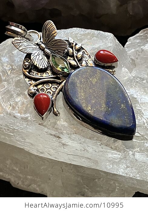 Butterfly Lapiz Lazuli Coral and Peridot Crystal Stone Jewelry Pendant - #A5Usxwl3M4A-2