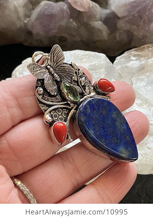 Butterfly Lapiz Lazuli Coral and Peridot Crystal Stone Jewelry Pendant - #A5Usxwl3M4A-3
