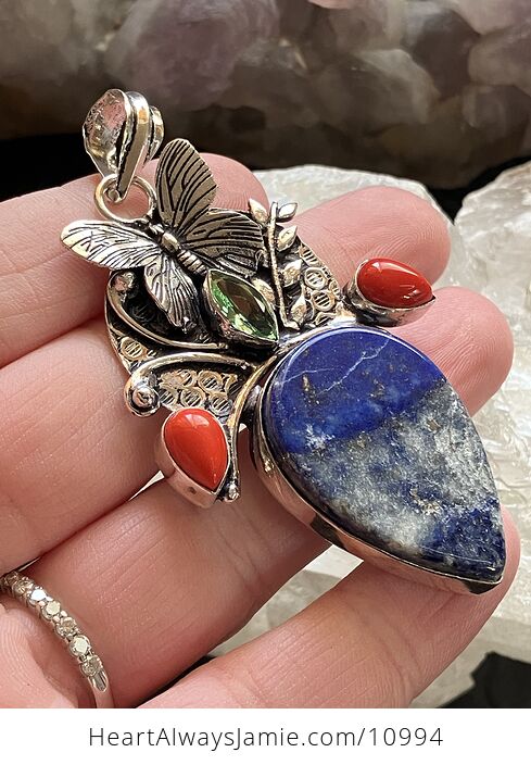 Butterfly Lapiz Lazuli Coral and Peridot Crystal Stone Jewelry Pendant - #ENoSr6G25HI-1