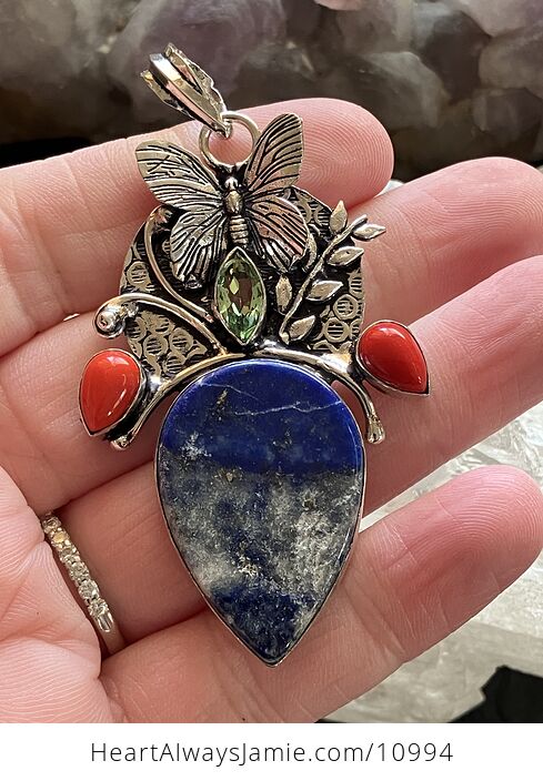 Butterfly Lapiz Lazuli Coral and Peridot Crystal Stone Jewelry Pendant - #ENoSr6G25HI-3
