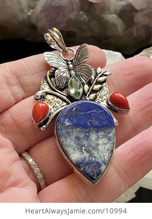 Butterfly Lapiz Lazuli Coral and Peridot Crystal Stone Jewelry Pendant - #ENoSr6G25HI-4