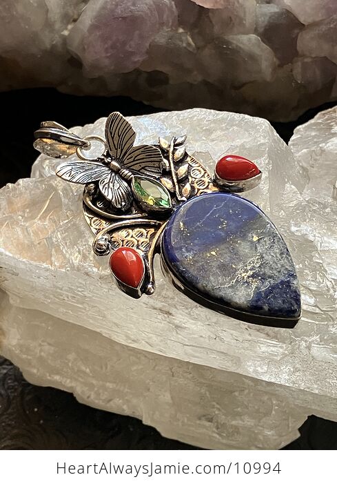 Butterfly Lapiz Lazuli Coral and Peridot Crystal Stone Jewelry Pendant - #ENoSr6G25HI-2