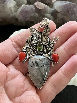 Butterfly Tourmalinated Quartz Coral and Peridot Crystal Stone Jewelry Pendant #kQrPSoaBeTY