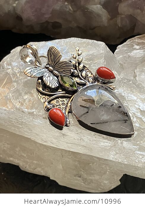 Butterfly Tourmalinated Quartz Coral and Peridot Crystal Stone Jewelry Pendant - #kQrPSoaBeTY-2