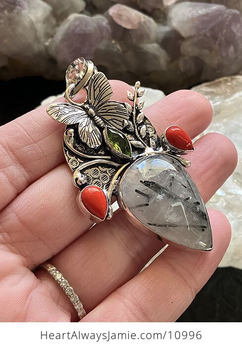 Butterfly Tourmalinated Quartz Coral and Peridot Crystal Stone Jewelry Pendant - #kQrPSoaBeTY-3