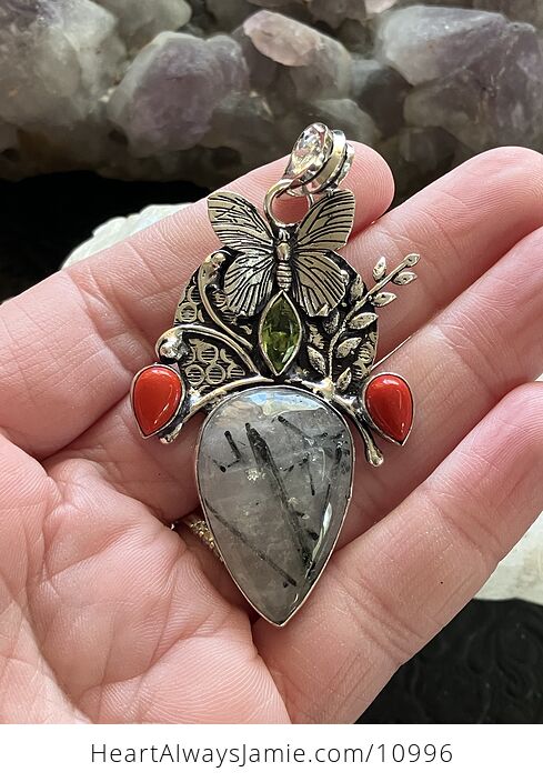 Butterfly Tourmalinated Quartz Coral and Peridot Crystal Stone Jewelry Pendant - #kQrPSoaBeTY-1