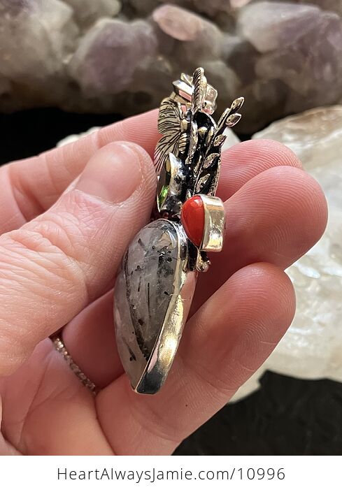 Butterfly Tourmalinated Quartz Coral and Peridot Crystal Stone Jewelry Pendant - #kQrPSoaBeTY-4
