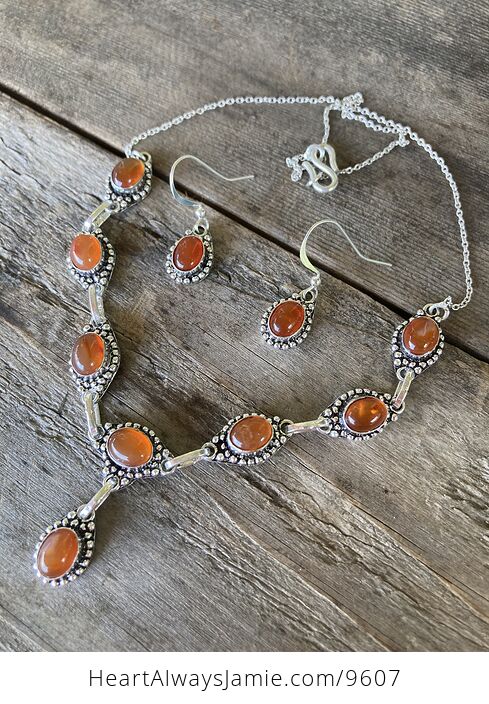 Carnelian Stone Crystal Celtic Wiccan Knot Link Necklace and Earring Jewelry Set - #E77Ef8EwpHk-1