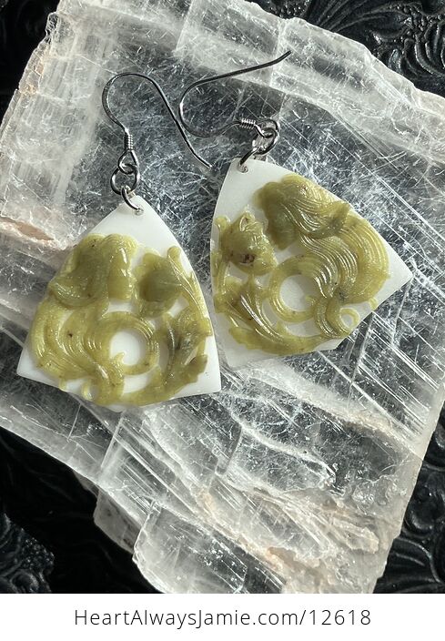 Carved Anthousai Flower Nymph Fairy Greek Mythology Earrings in Jade Stone Crystal Jewelry - #bfQji4dkl9A-1