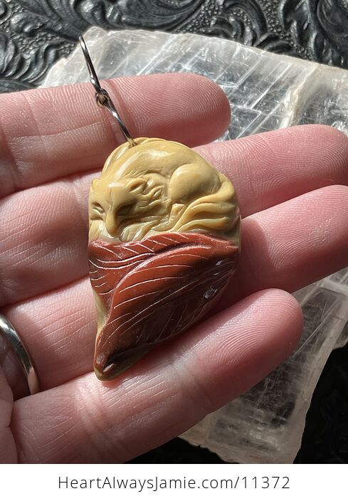Carved Fox and Leaves in Yellow and Orange Mookaite Stone Jewelry Pendant - #fDAYSFDOsfk-1