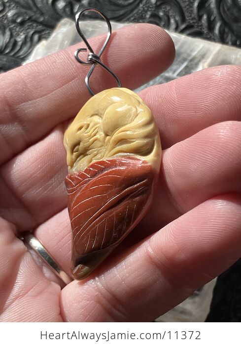 Carved Fox and Leaves in Yellow and Orange Mookaite Stone Jewelry Pendant - #fDAYSFDOsfk-5