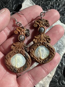 Carved Horse Earrings in Mother of Pearl with Leopard Skin Jasper Stone in Wood Jewelry #kocxuWToy8A