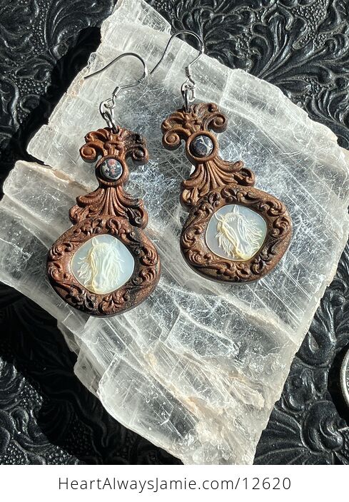 Carved Horse Earrings in Mother of Pearl with Leopard Skin Jasper Stone in Wood Jewelry - #kocxuWToy8A-2